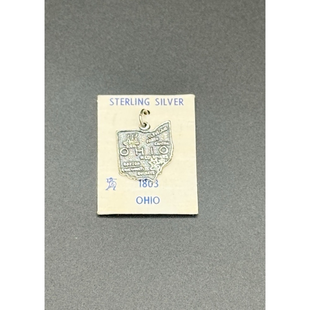 Vintage Sterling Silver Ohio‎ State Map Charm 1803 Travel Souvenir Pendant 925